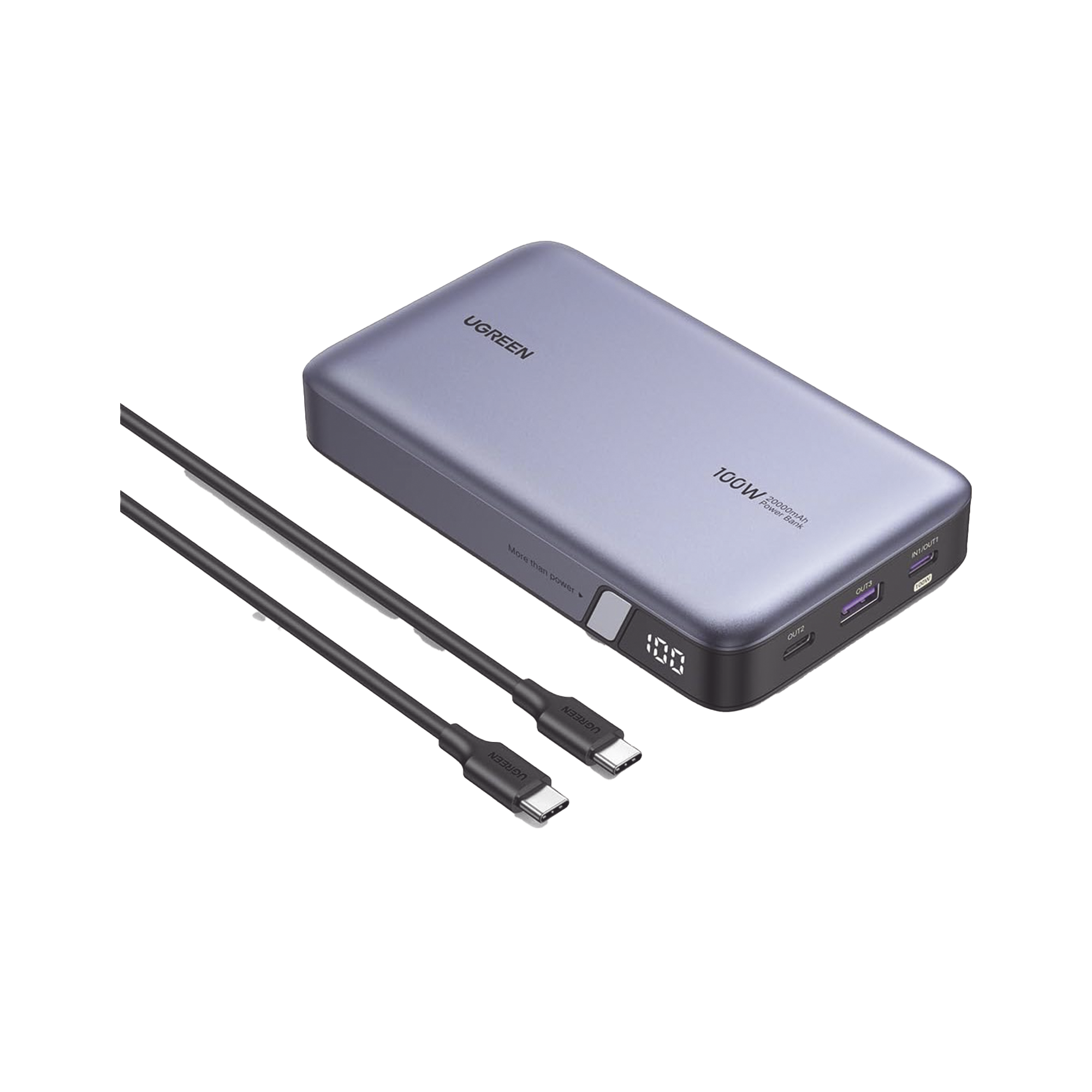 Power Bank de 20000mAh | 3 Salidas 100W Max. | USB-A + 2 USB-C | PD 3.0 | QC3.0 | FCP | SCP | Pantalla Inteligente | Carcasa Ignifuga | Color Gris | Incluye Cable USB de 50cm | Carga tu Laptop de Manera Segura.