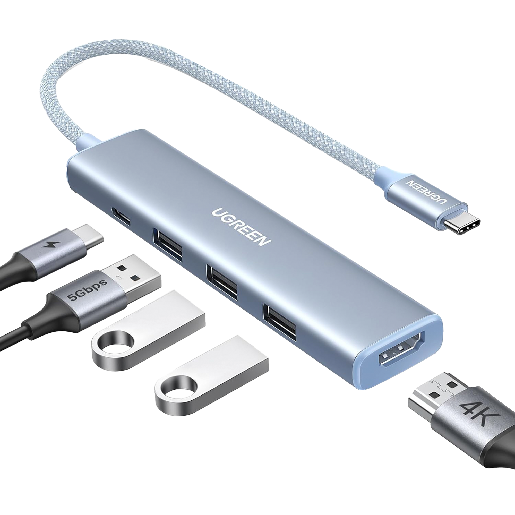 HUB USB-C (Docking Revodok) 5 en 1 | HDMI 2.0 4K@30Hz | 3 USB-A 3.0 (5Gbps) | USB-C PD Carga 100W | Chip de Última Generación | Cable de Nylon Trenzado de 25 cm | Carcasa de Aluminio | Color Azul.