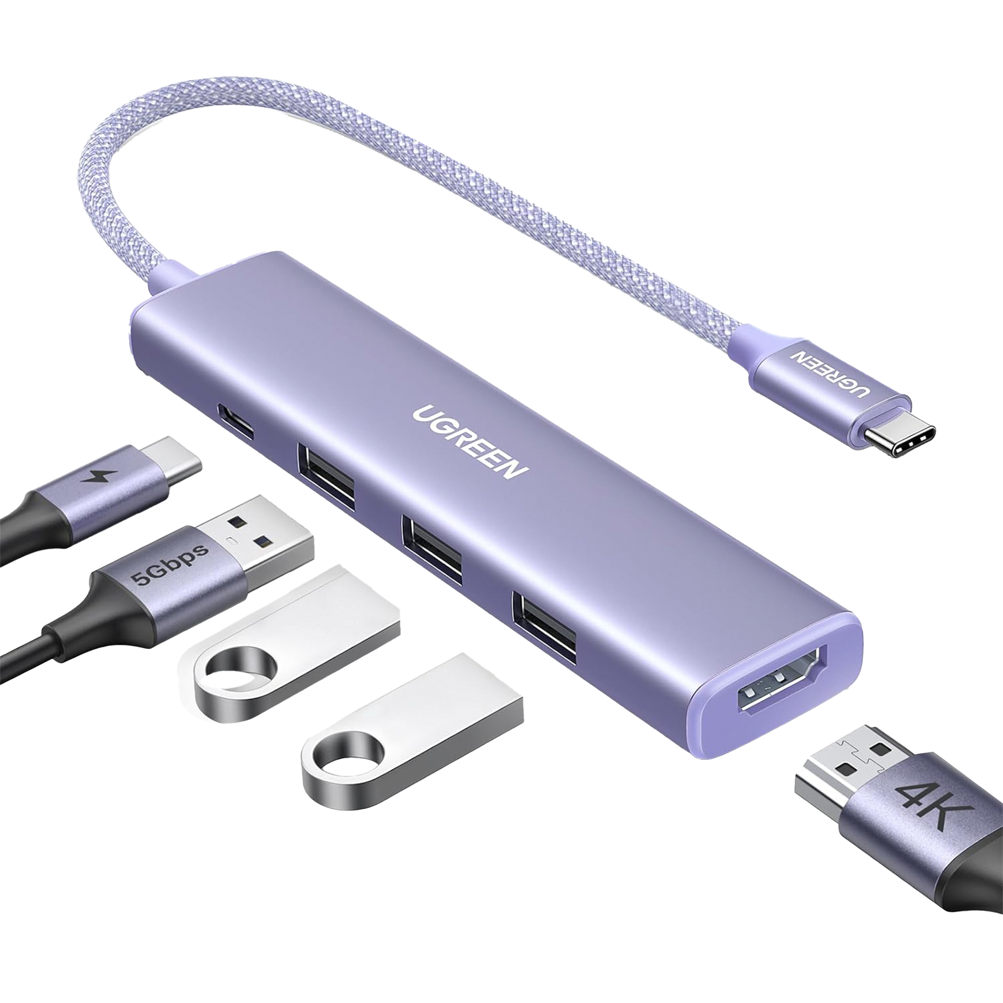 HUB USB-C (Docking Revodok) 5 en 1 | HDMI 2.0 4K@30Hz | 3 USB-A 3.0 (5Gbps) | USB-C PD Carga 100W | Chip de Última Generación | Cable de Nylon Trenzado de 25 cm | Carcasa de Aluminio | Color Morado.