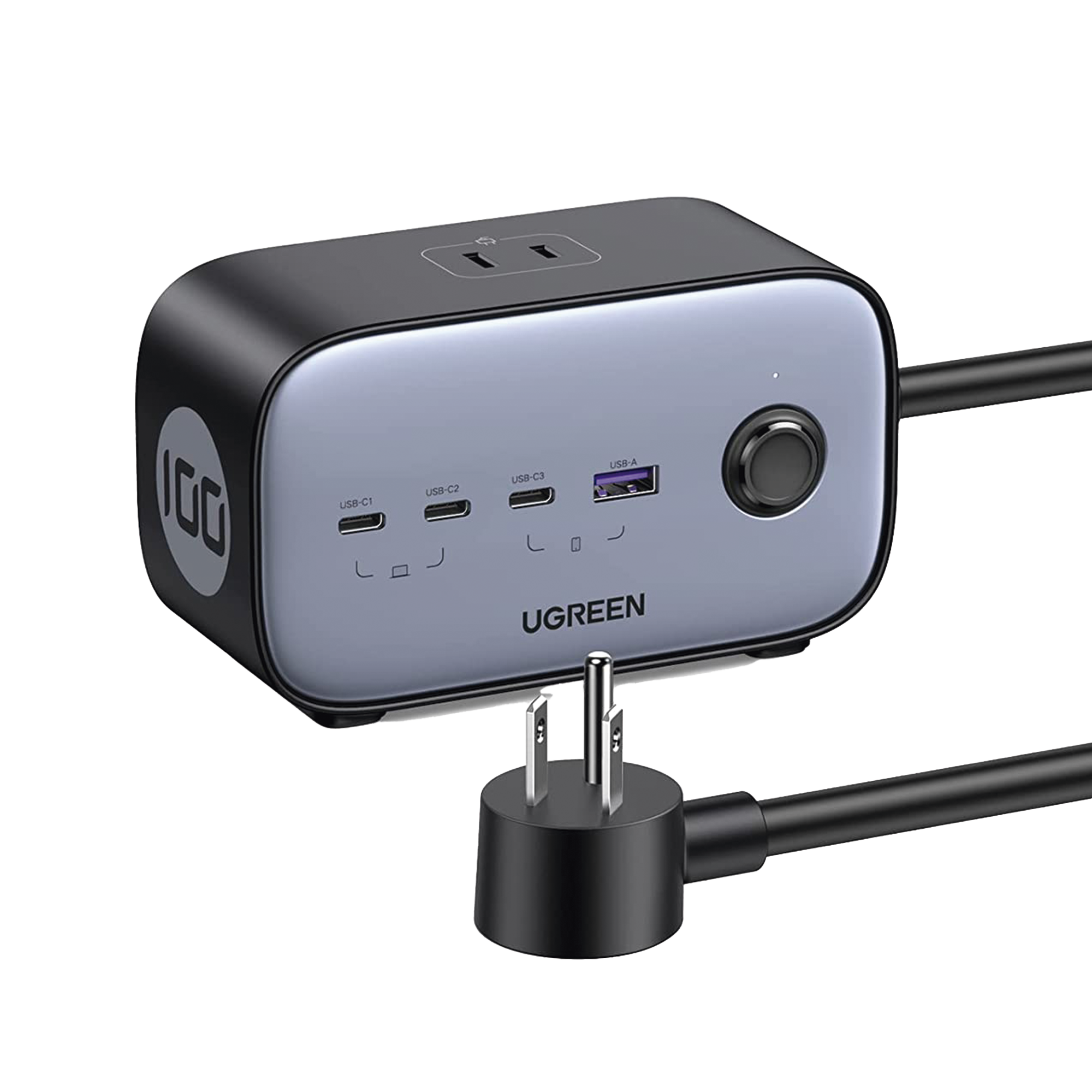 Cargador de Escritorio y Tomacorriente Múltiple | 3 Puertos USB-C | 1 Puertos USB-A | 3 Tomacorriente de CA | Tecnología GaN II | 1 USB 100W PD | Carga Rápida | Diseño Innovador en Forma de Cubo | Interruptor de Apagado.