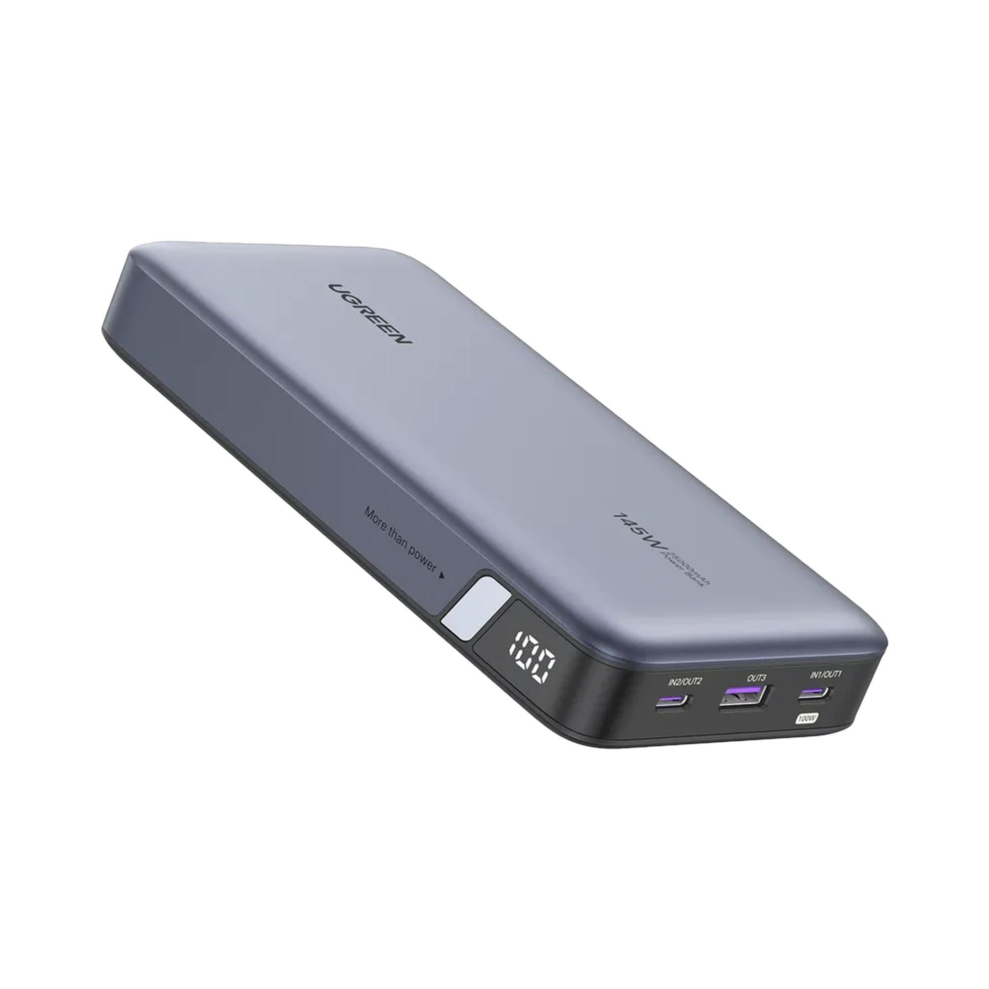 Power Bank de 25000mAh | 3 Salidas 145W Max. | USB-A + 2 USB-C | PD 3.0, QC3.0 | FCP | SCP | Pantalla Inteligente | Carcasa Ignifuga | Color Gris | Incluye Cable USB de 50cm | Carga tu Laptop de Manera Segura.