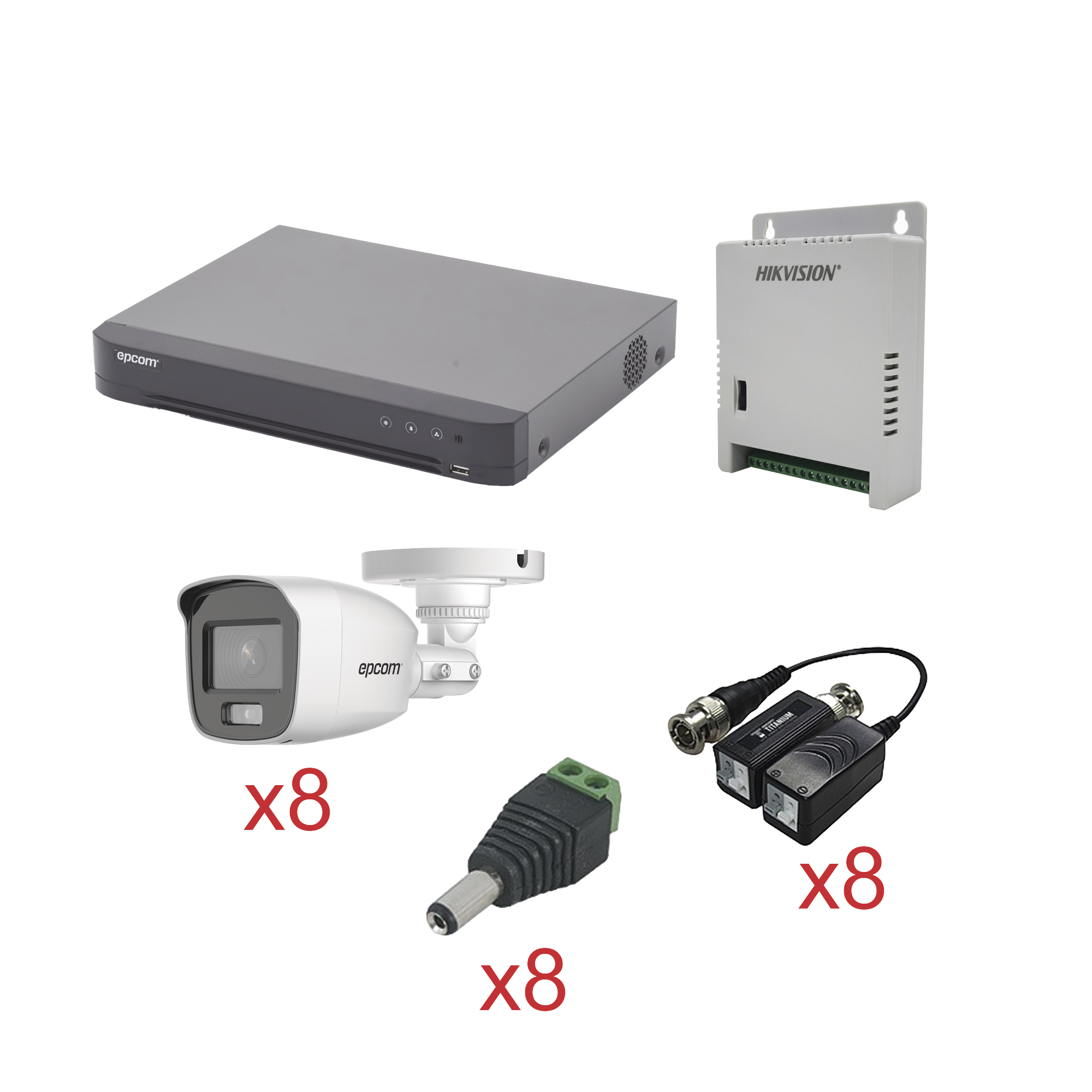 KIT TurboHD con Audio 1080p / DVR 8 Canales / 8 Cámaras Bala (exterior 2.8 mm) / Transceptores / Conectores / Fuente de Poder / AUDIO POR COAXITRON