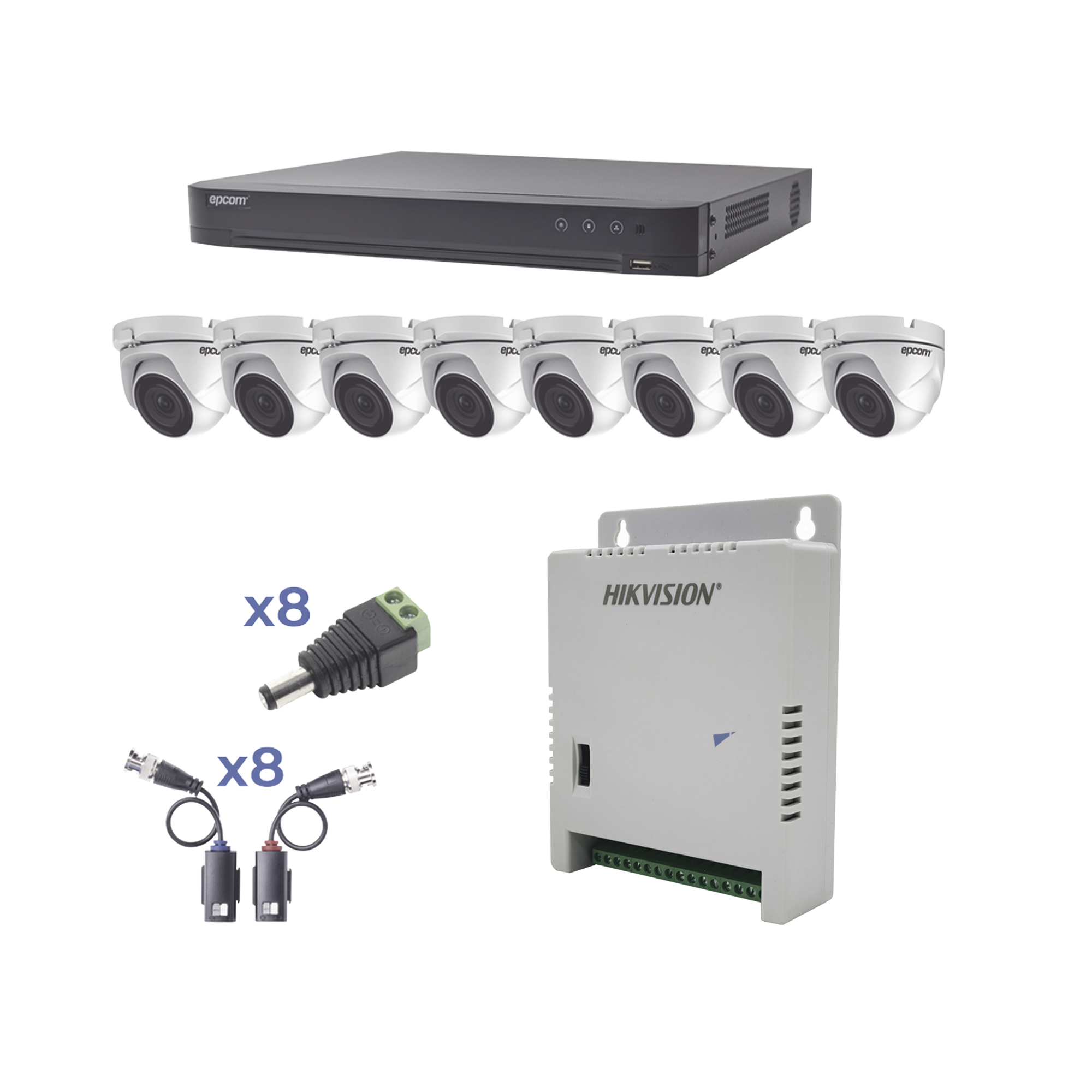 KIT TurboHD 1080p / DVR 8 Canales / 8 Cámaras Eyeball (exterior 2.8 mm) / Transceptores / Conectores / Fuente de Poder Profesional hasta 15 Vcc para Larga Distancia