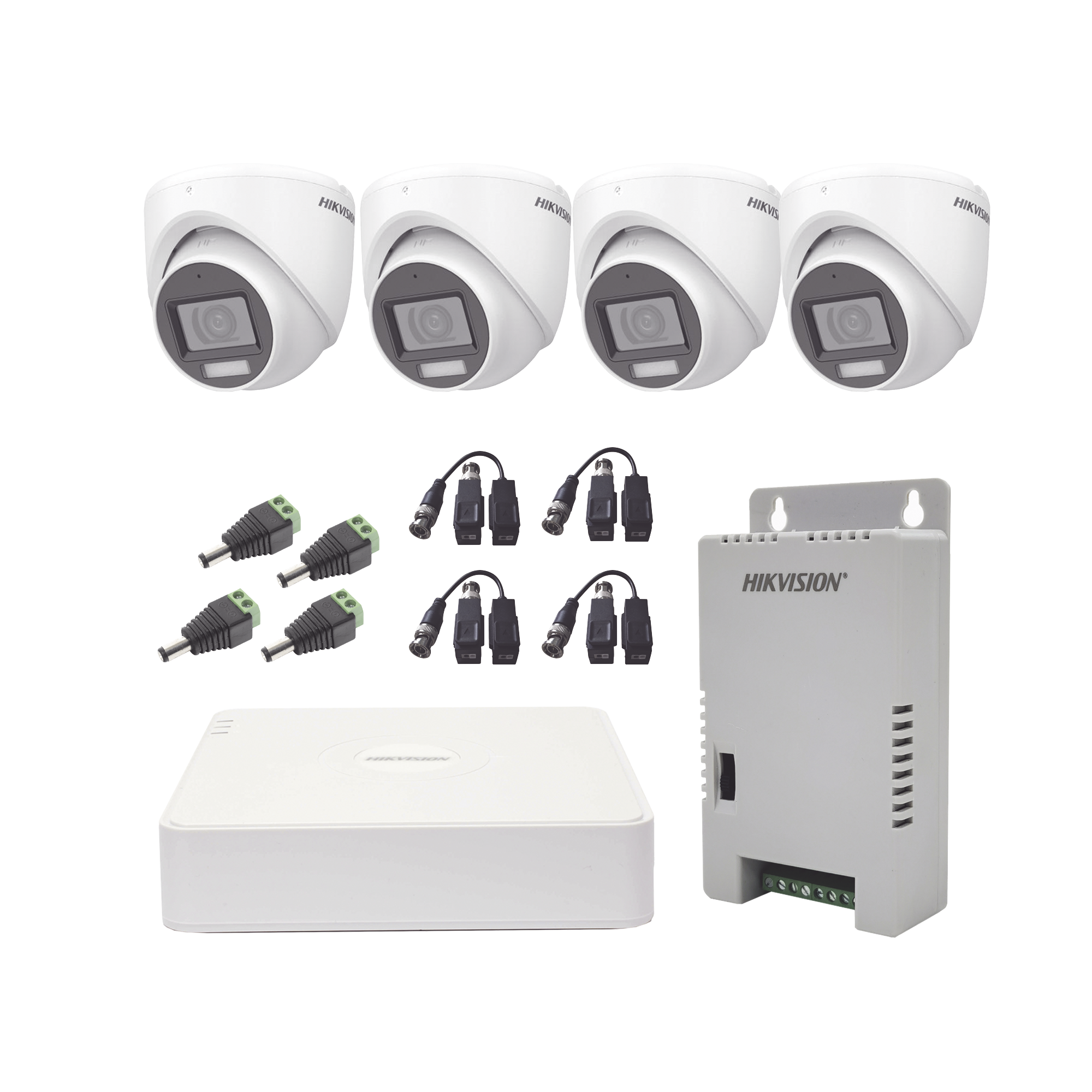 KIT TurboHD 1080p / DVR 4 Canales con audio por coaxitron / 4 Cámaras con Micrófono y  106° Visión/  luz blanca + IR visión nocturna  / Transceptores / Conectores / Fuente de Poder Profesional