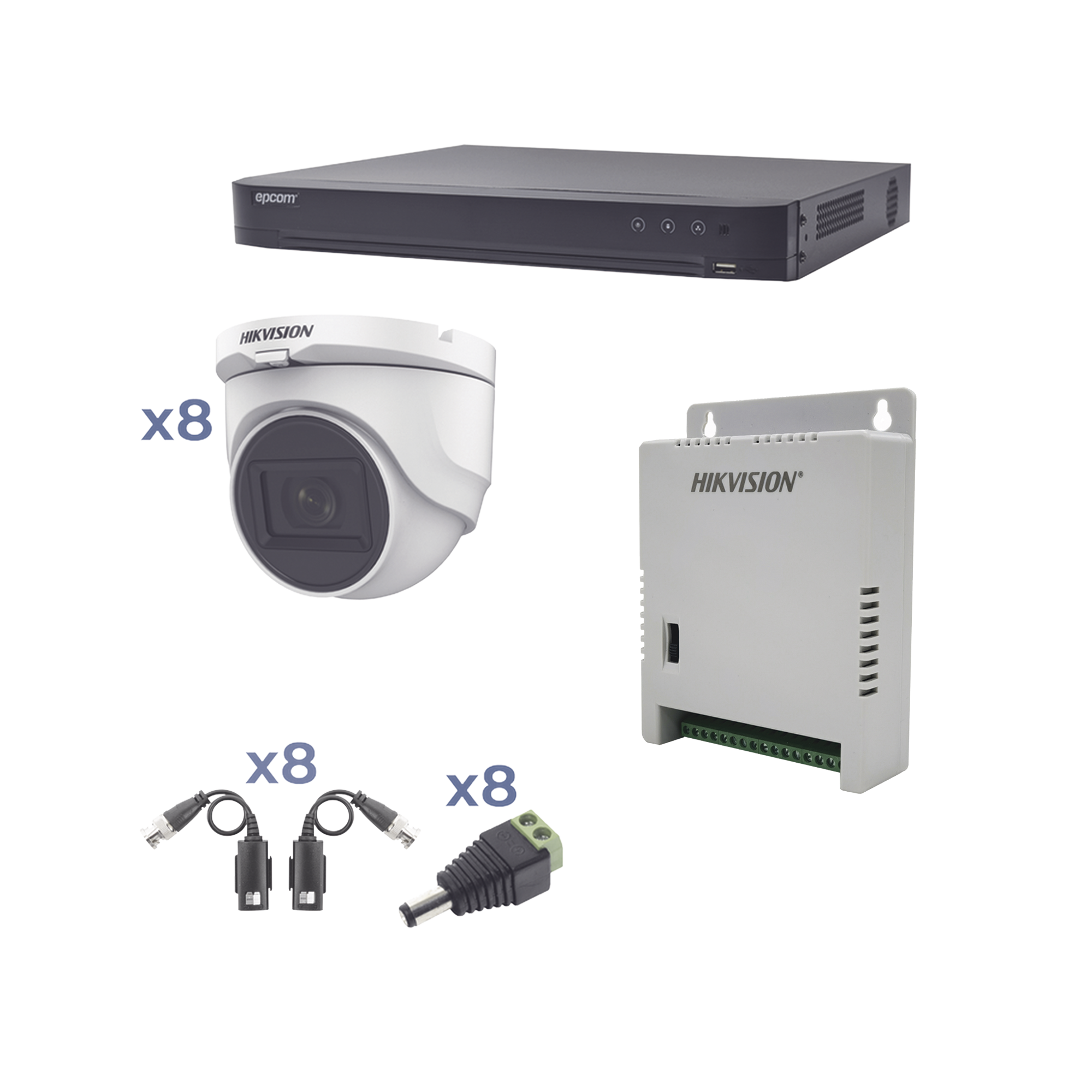 Kit TURBOHD 1080p / DVR 8 Canales / 8 Cámaras Turret (exterior 2.8 mm) / Conectores / Transceptores / Fuente de Poder Profesional hasta 15 Vcc para Larga Distancia