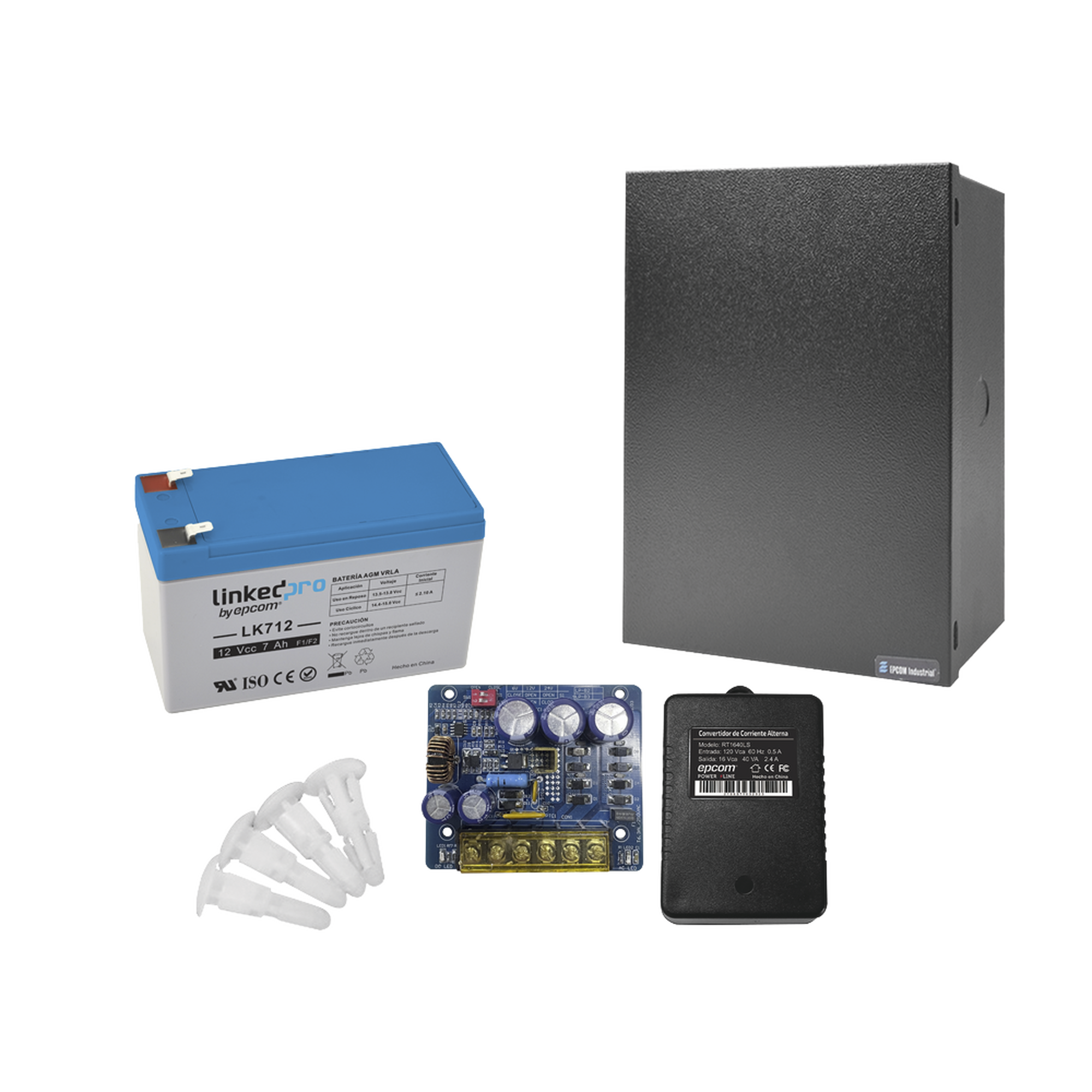 Kit con fuente PLB3 con salida de 12 Vcc a 4 Amper, incluye transformador y batería de 12 V a 7 Amper