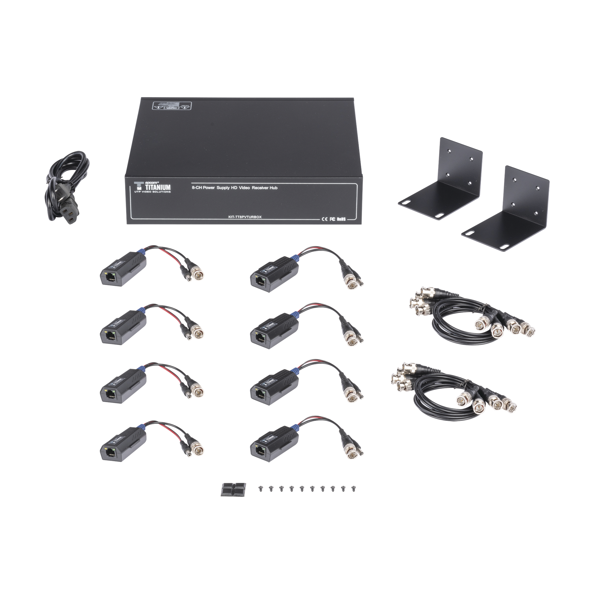 Kit de TRANSCEPTOR ACTIVO DE 8 CANALES / VIDEO+PODER en un solo Cable UTP / 150 metros en 4K, 200 metros en 5 MP/ Envía 36 Vcc y Recibe 12 Vcc / TODO INCLUIDO PARA RACK / Compatible con cámaras HD-TVI/CVI/AHD/CVBS / INSTALACIÓN LIMPIA