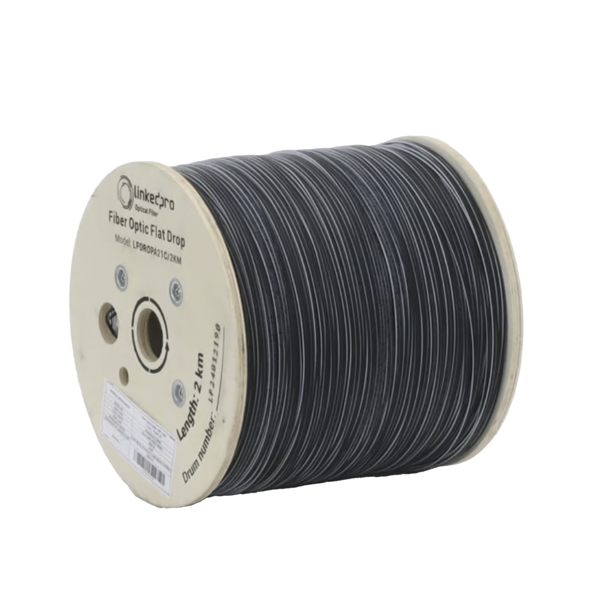 Carrete de 2 km de Fibra Óptica Drop Plana, Interior/Exterior G.657A2 Monomodo de 1 hilo (unifibra), Dieléctrica, Forro Negro, Compatible con Conectores FASC, FASCUP, FASCLC