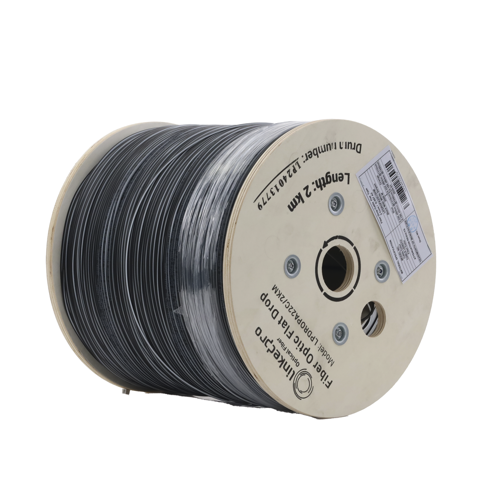 Carrete de 2 km de Fibra Óptica Drop Plana, Interior/Exterior G.657A2 Monomodo de 2 hilos (bifibra), Dieléctrica, Forro Negro