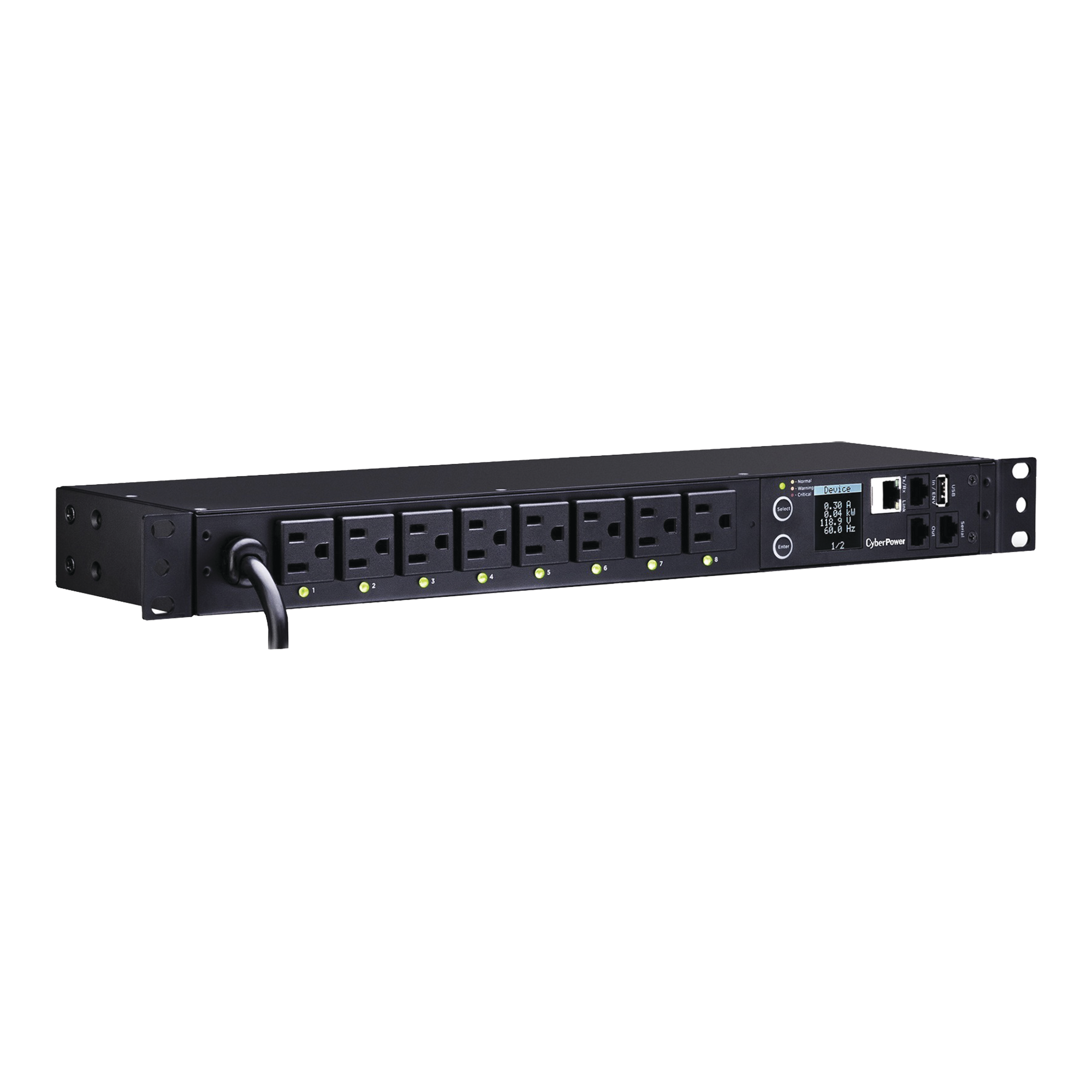 PDU Switchable por Toma, Para Distribución de Energía, Entrada 120 Vca NEMA 5-15P, Con 8 Salidas NEMA 5-15R, Horizontal 19in, 1UR