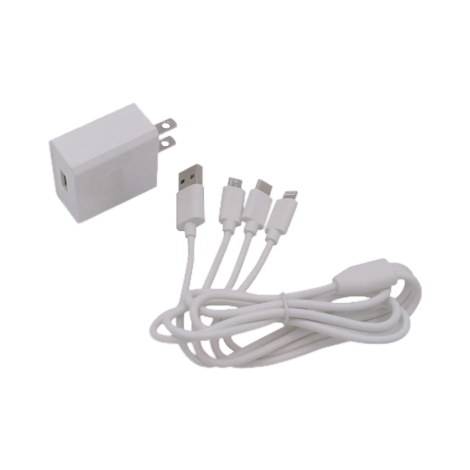 Cargador de pared USB de 5 Vcc 2A / Multi-puertos / USB-C / Micro USB / Tipo C / Lightning (iPhone) / Extensión de cable 1.2 metros