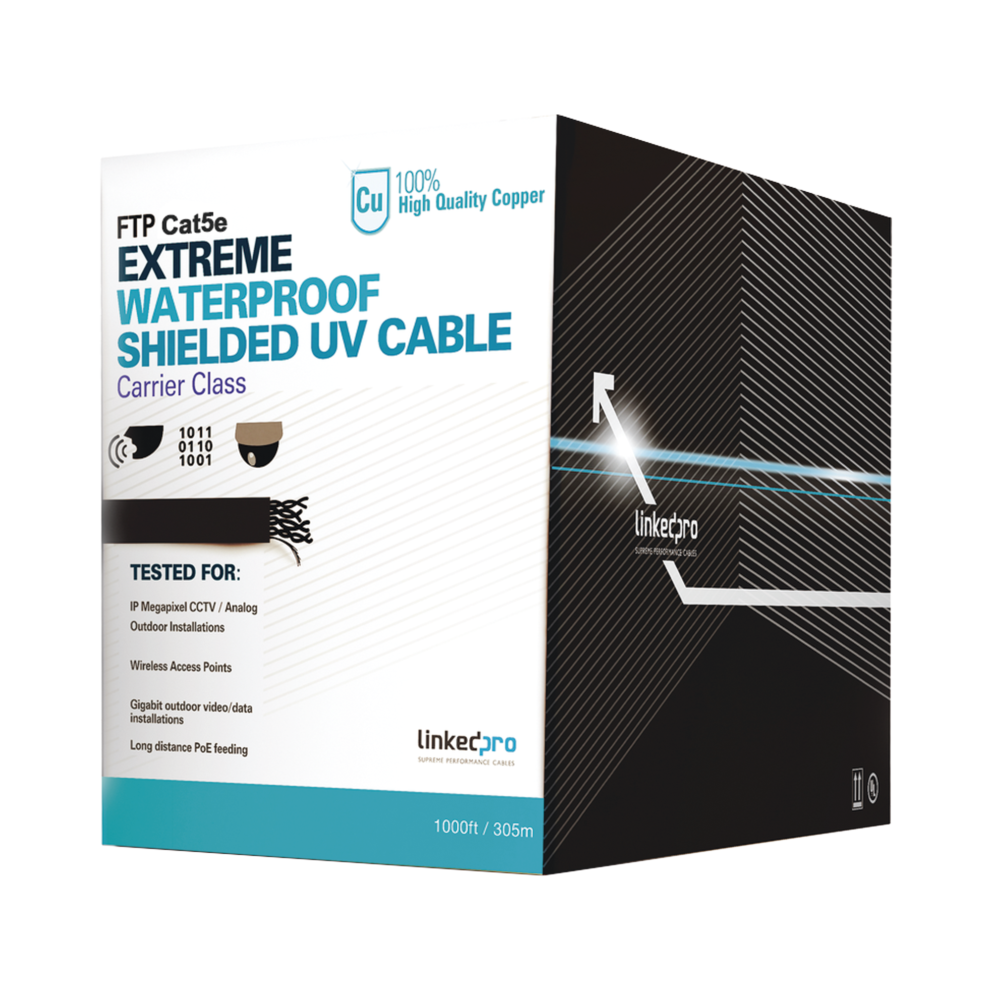 Bobina de cable de 305 m, Cat5e, color negro, sin blindar, para aplicaciones de video vigilancia, redes de datos. Uso en intemperie