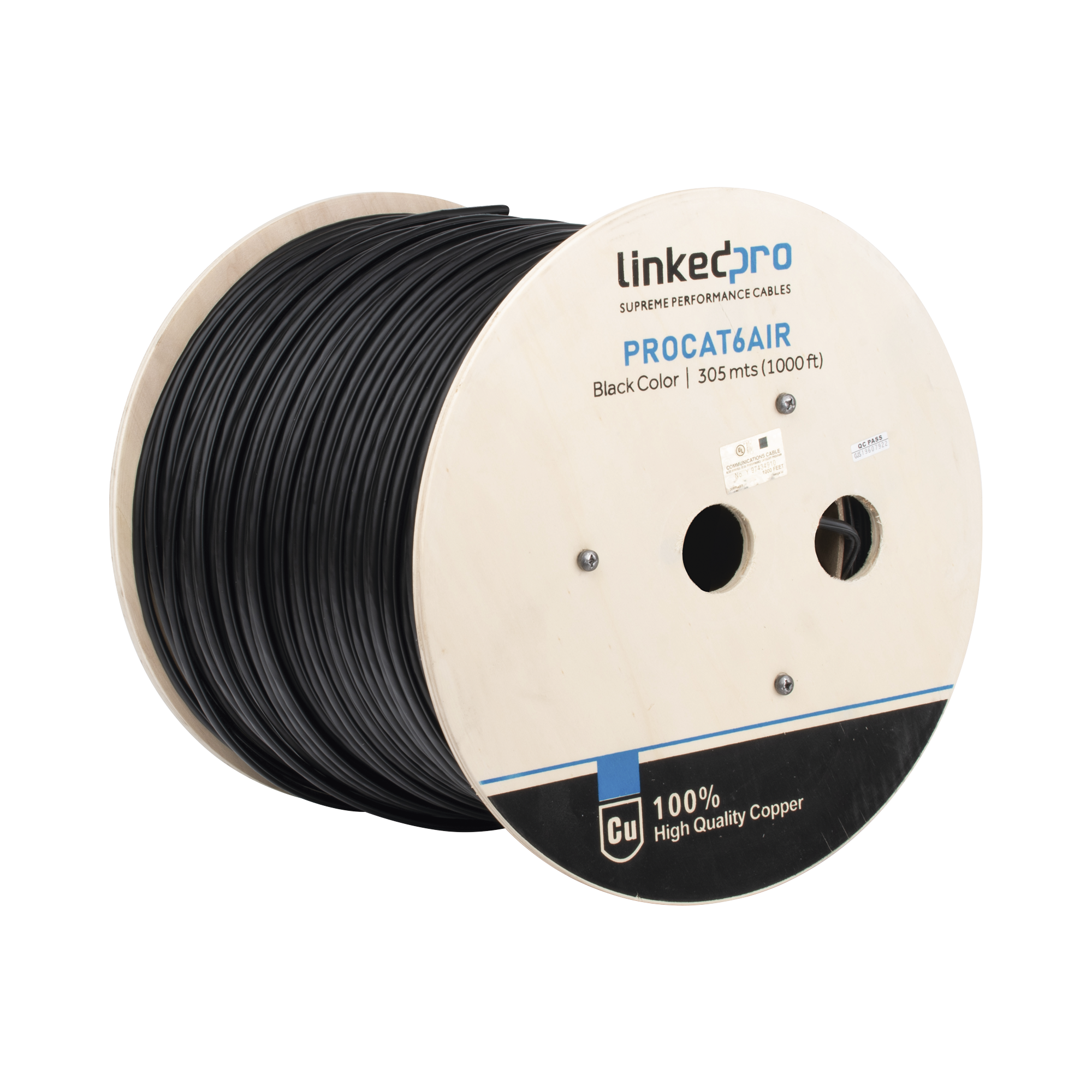 Bobina de cable FTP con Mensajero de Acero de 305 m Cat6+ CALIBRE 23, color negro, para aplicaciones en video vigilancia y redes de datos / Uso en Intemperie y aplicaciones Aéreas