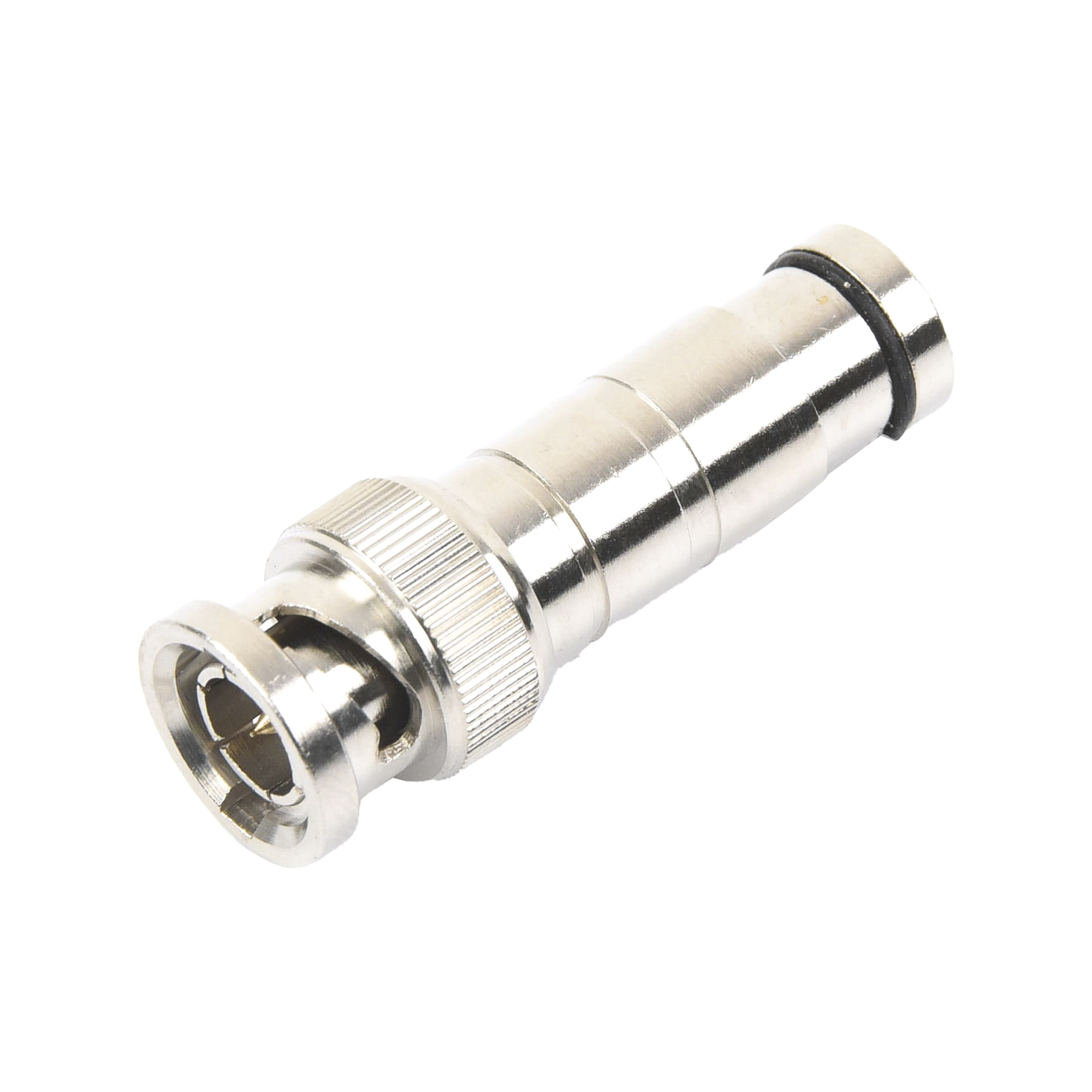 Conector BNC Macho en 75 Ohm, de Compresión Axial para Cable Coaxial RG-59/U, Níquel/ Oro/ Politetrafluoroetileno.